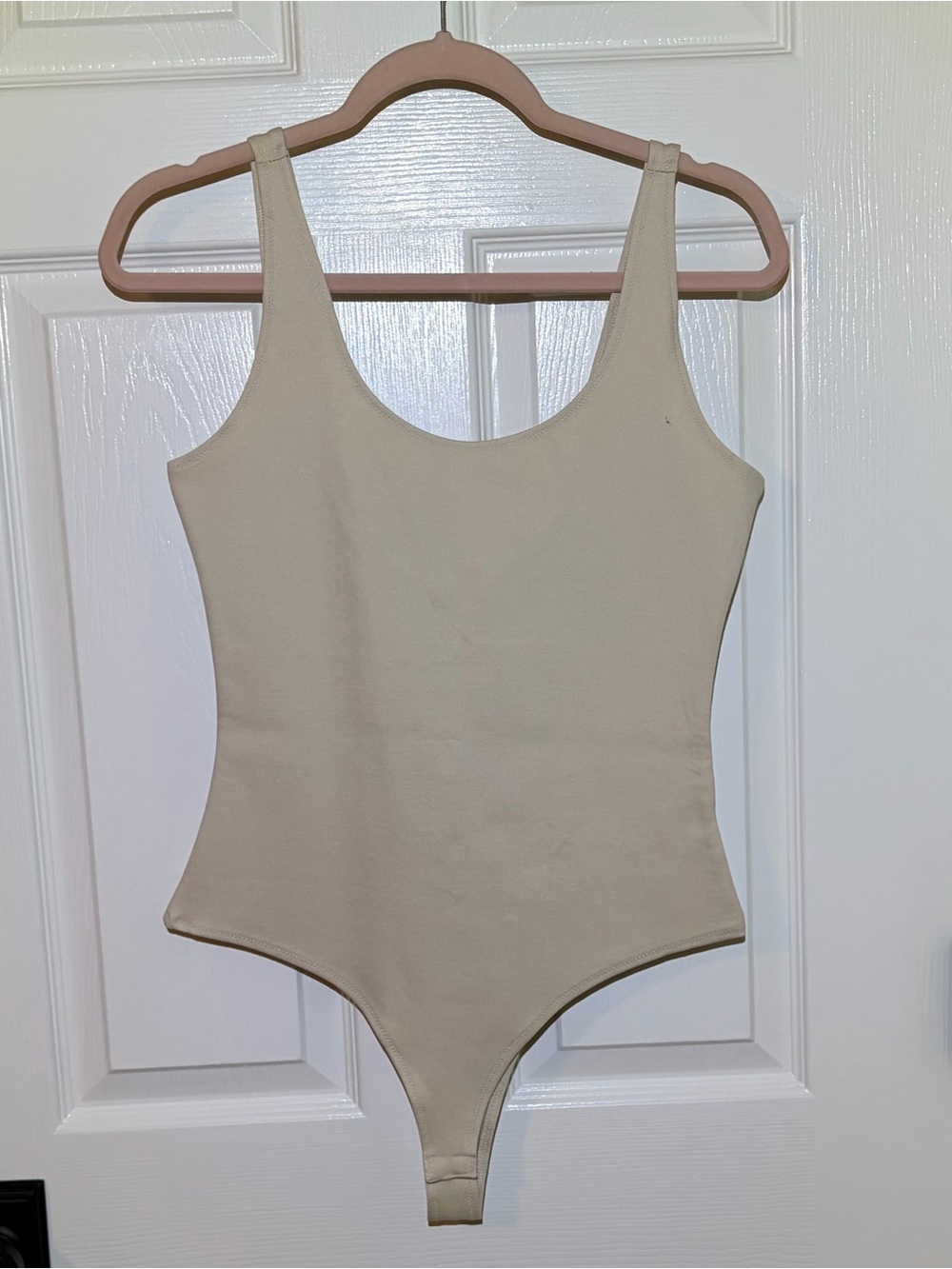 NWT FreeMe Tan/Cream One Piece Snap Thong Style BodyCon Bodysuit. Large